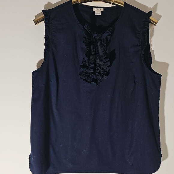 J.crew Women's Navy Sleeveless Top In A Size 12. Henley Style With Ruffle. - Picture 1 of 7